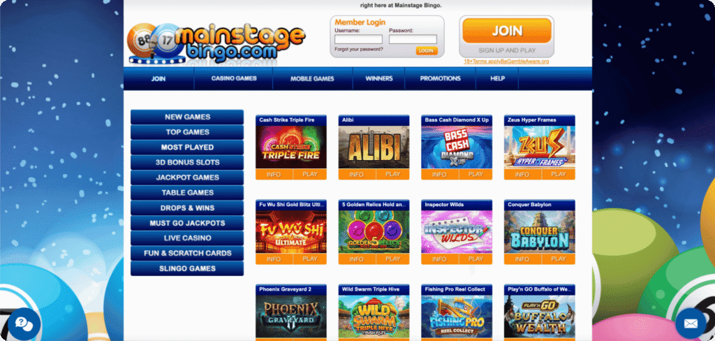 Mainstage Bingo Casino Homepage