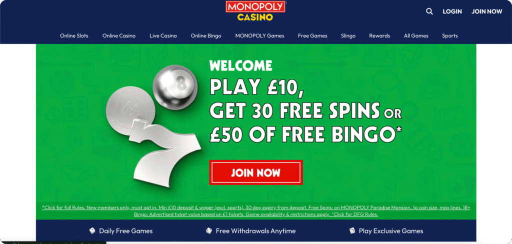 Monopoly Casino homepage