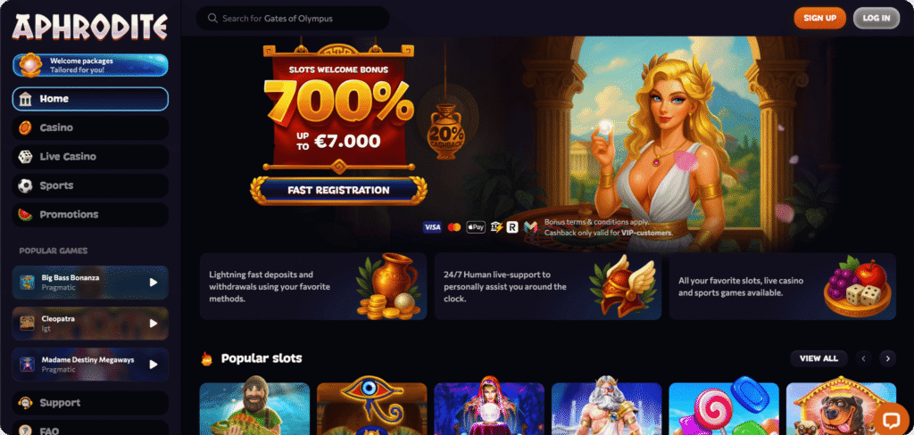 Aphrodite Casino homepage