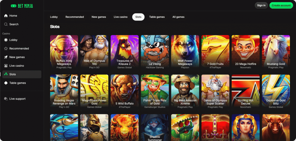Betninja Casino Slots Lobby