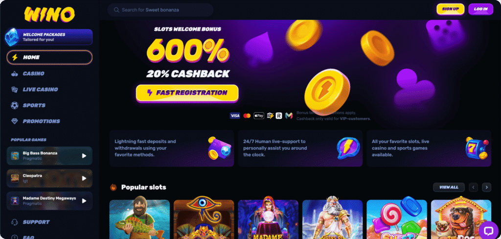 Wino Casino homepage
