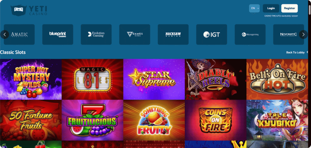 Yeti Casino Slots Lobby