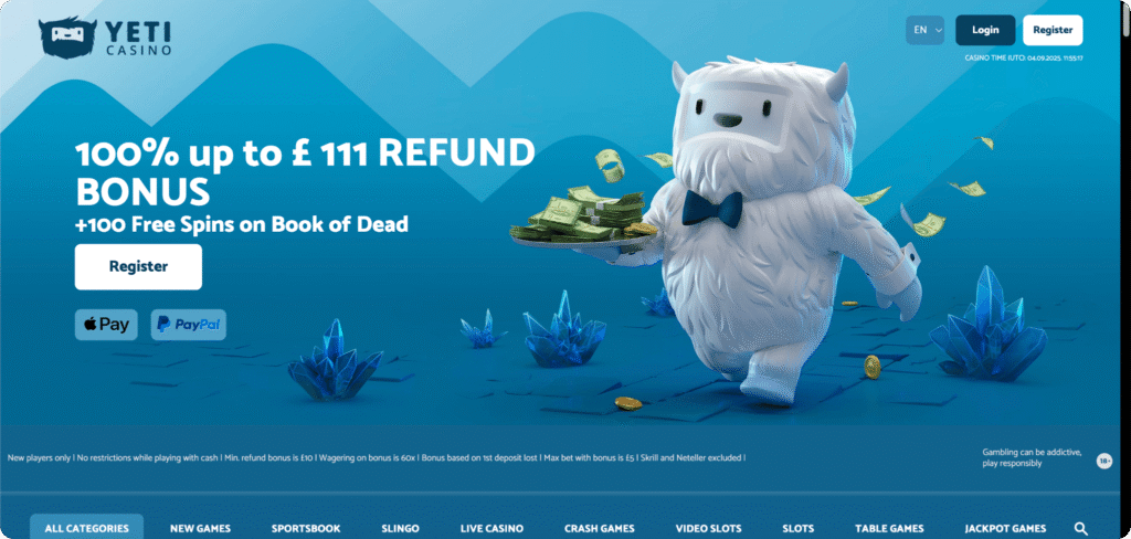 Yeti Casino homepage